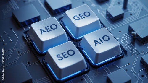 Digital marketing concept keyboard keys with SEO AEO GEO and AIO acronyms on circuit board