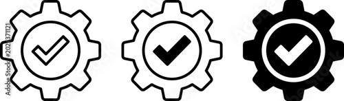 Photos Set of gear icons with check mark symbol, settings completed sign