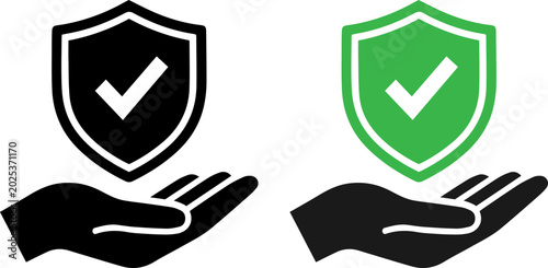Tableau sur toile Shield with check mark icon held in hand, security and protection concept