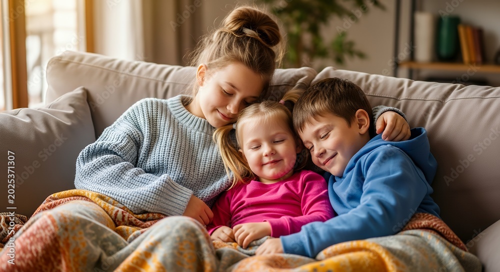 Obraz premium Happy siblings cuddling on cozy sofa in warm home lighting