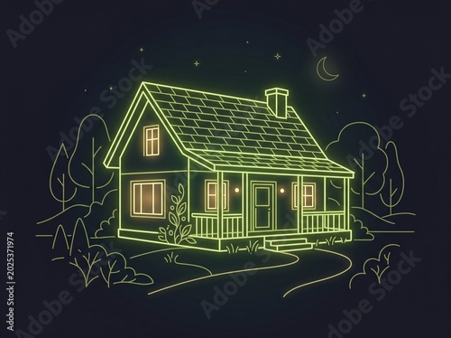 Olive Neon Cottage – Glowing Green Home with Crescent Moon and Stars