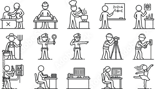 Traffic Police Officer and Land Surveyor Stickman Profession Icon Set