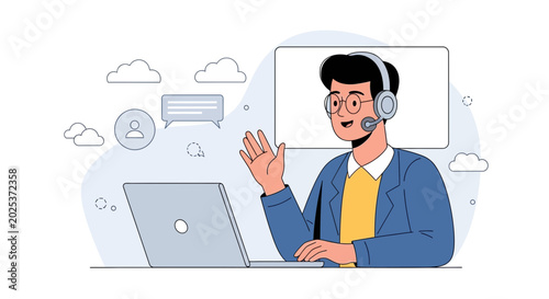 Customer Support Agent Waving Hello On Video Call With Laptop And Headset
