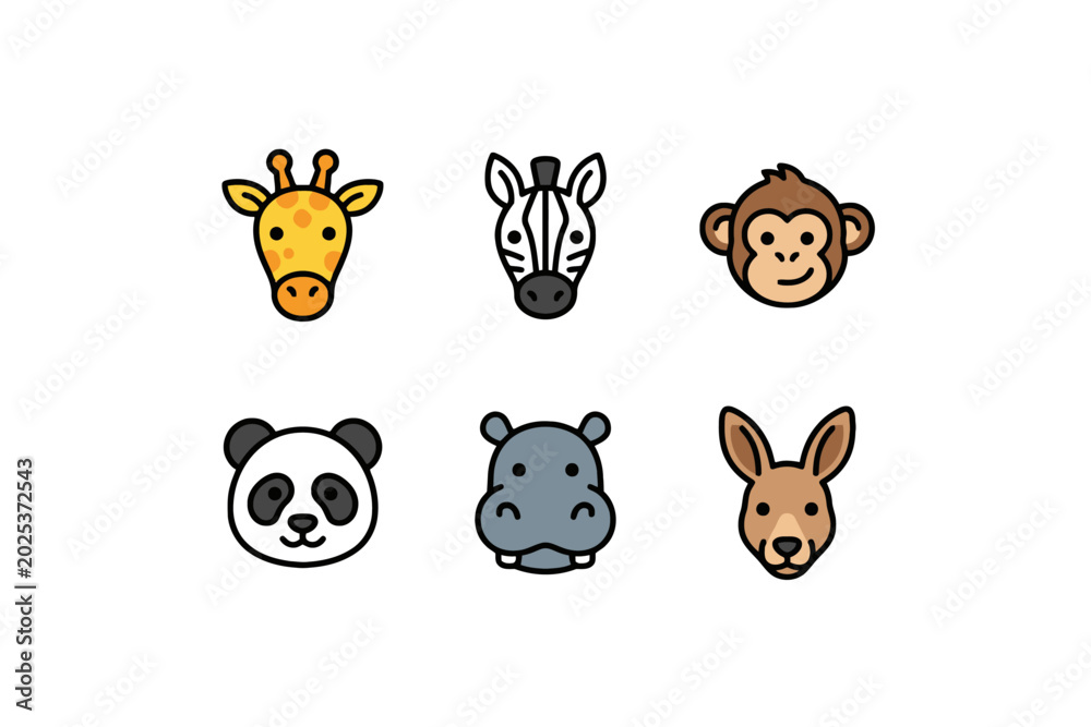 Naklejka premium Animal Face Icons Set Featuring Giraffe Zebra and Monkey