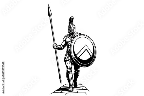 Quadro su tela Spartan Warrior with Spear and Shield Illustration on White