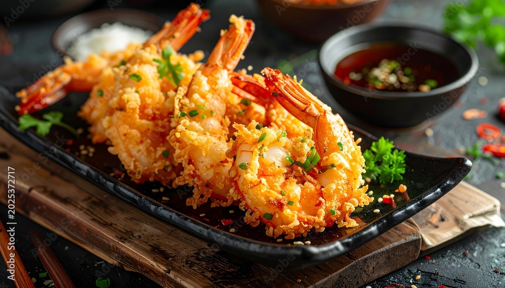 Fototapeta premium Crispy golden fried tempura shrimp served on a black ceramic plate with dipping sauce and fresh herbs for an appetizing asian dining experience.