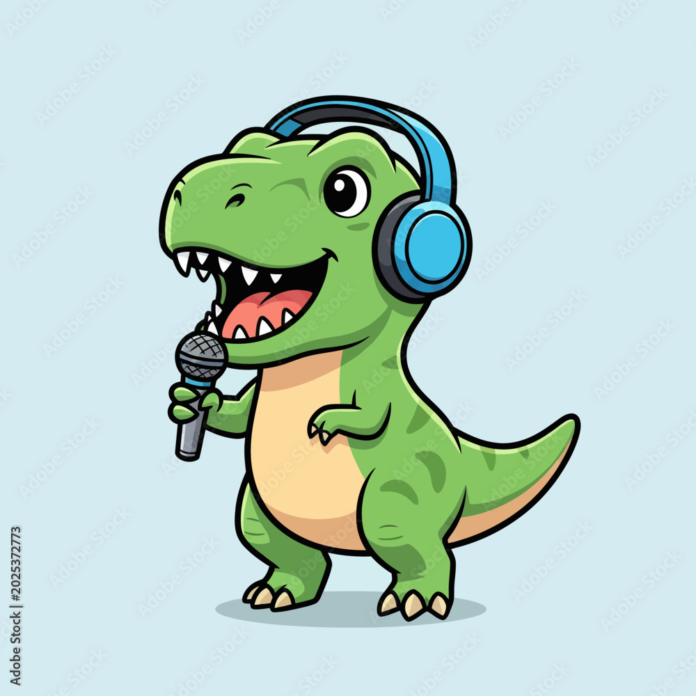 Fototapeta premium Cute Cartoon Dinosaur Singing with Headphones and Microphone.