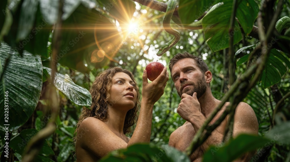 Obraz premium Adam and Eve tempted by a snake with an apple in a lush jungle
