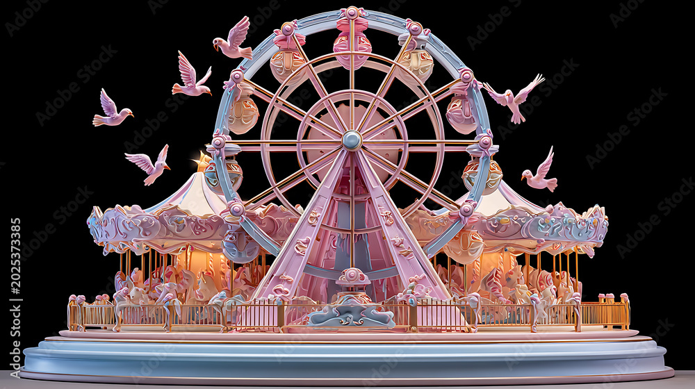 Fototapeta premium A whimsical pastel carousel and ferris wheel