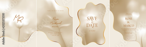 Monochromatic backgrounds, covers design. Natural blurred backdrop with plants, flowers. Chic, elegant wedding card, brand concept.