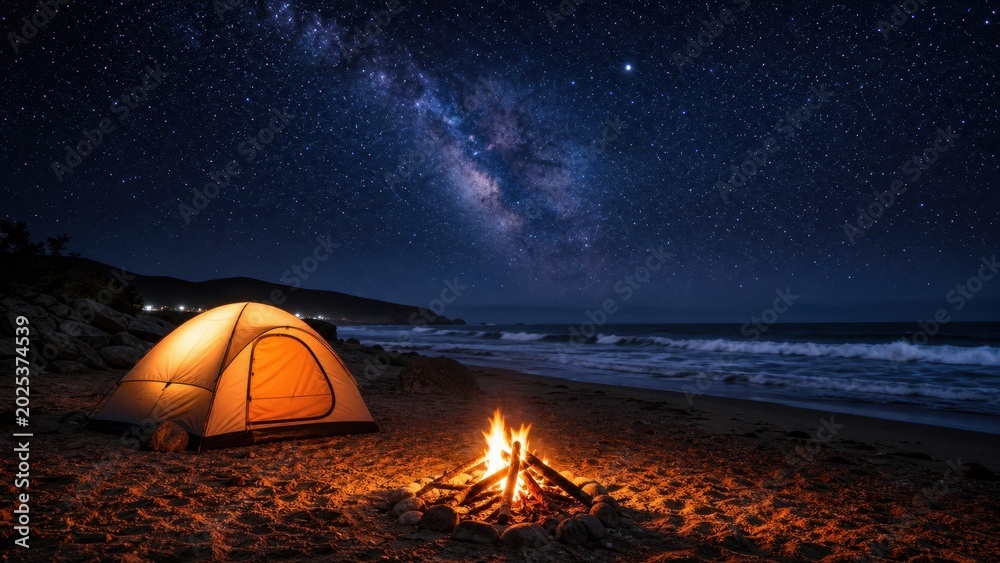 Fototapeta premium Glowing camping tent and warm campfire on a sandy beach under a majestic starry night sky with the Milky Way