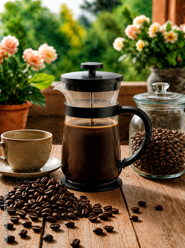 French press with dark brewed coffee on a rustic wooden table. Roasted coffee beans scattered around a glass jar and ceramic cup. Outdoor morning breakfast setting with green plants