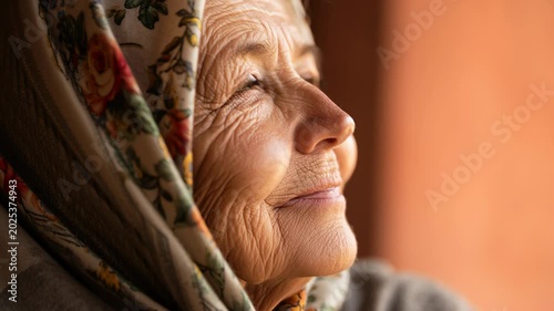 Slow pushin tracking closeup of elderly woman smiling and gazing through window in warm indoor setting with patterned head scarf