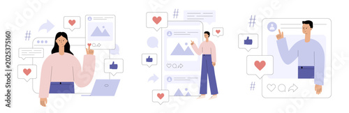 Social media concept set with people, post feed and reaction icons. Woman and man with like, comment, share and hashtag on smartphone app and web interface. Flat vector illustration