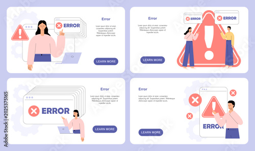 Konstfotografi Error concept with people, warning triangle and error message screen