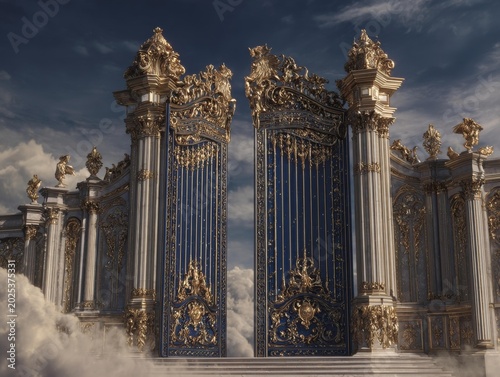 Ornate golden columns and elaborate facades of a grand classical palace structure under a dramatic sky.