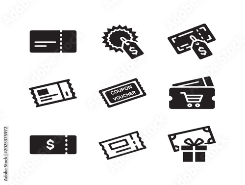 Discount coupons and savings icons vector flat illustration set with gift box