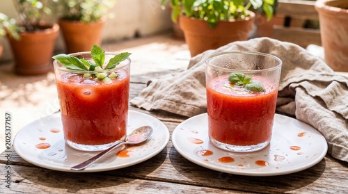 Cuadro en lienzo Chilled gazpacho in dewy glasses as light thirst quenching summer lunch