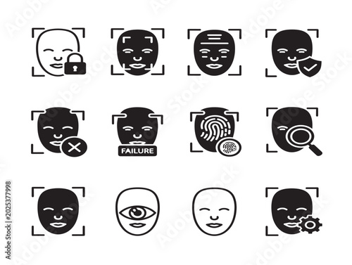 Facial expression emotions set vector line illustration with security and identification icons