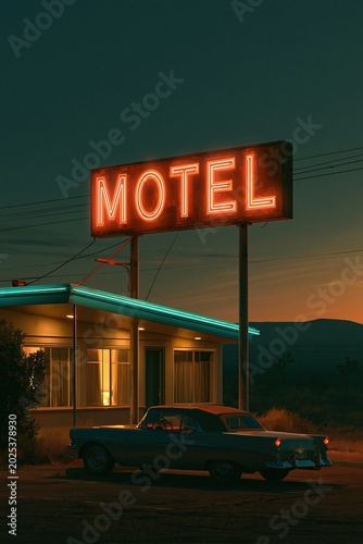Large glowing orange neon MOTEL sign standing beside small vintage motel building with parked classic car in desert at twilight showing retro american road trip aesthetic