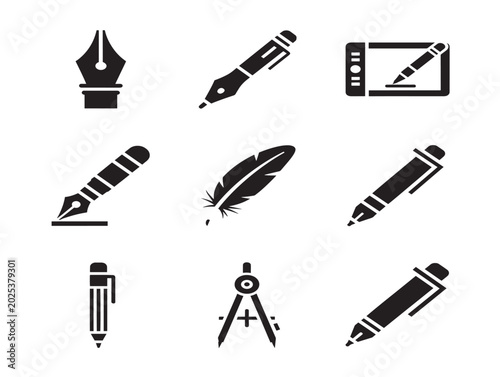 Collection of writing and drawing tools vector line illustration