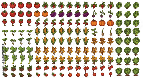 Hand-drawn vegetable garden icons set, organic farm produce vector collection, rustic hand-colored vegetable illustrations for farming and gardening apps