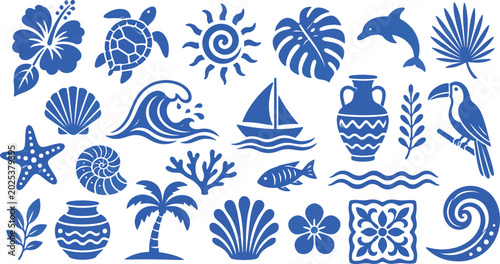 Mediterranean Blue Ink Marine Animals and Tropical Beach Silhouette Set