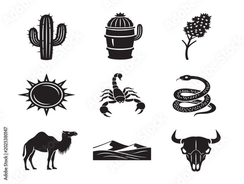 Desert wildlife and elements vector line illustration set with cactus and animals