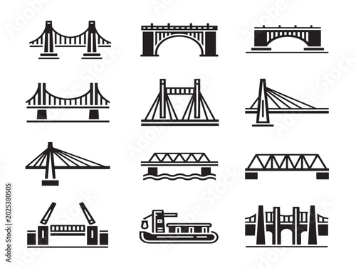 Various bridge and transport types vector illustration line art style