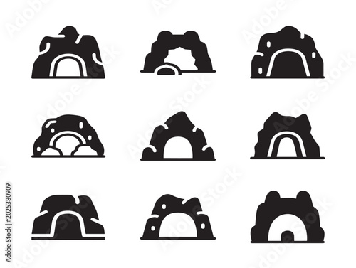 Silhouette figures walking through archways vector flat illustration