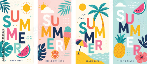 Tropical Summer Stories Banners Set with Typography and Beach Elements