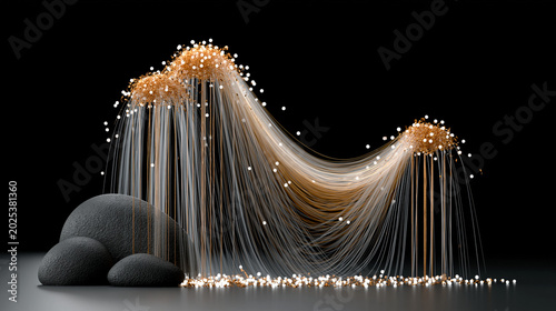 The Algorithm Lattice: An abstract network of copper filaments, light paths moving rapidly through them, an overlay layer of clean financial percentages shifting dynamically