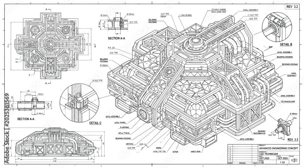 Obraz premium Technical blueprint of an advanced mechanical engineering concept featuring complex machinery and structural components