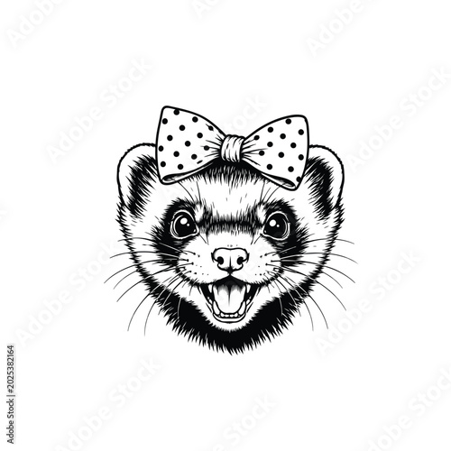 Photography A cute but slightly wild ferret face illustration, front-facing pose, open mouth