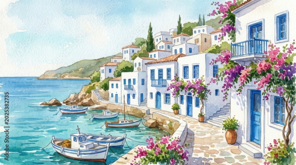 Obraz premium Scenic Coastal Village with White Houses and Vibrant Flowers