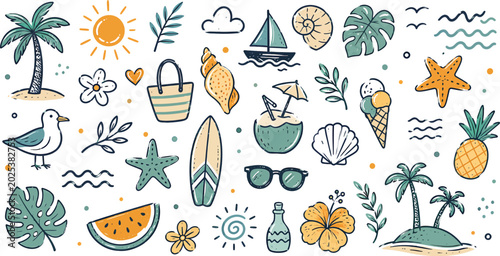 Tropical Summer Beach Vacation Cute Doodle Vector Illustration Set