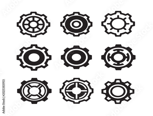 Gear icons set vector illustration line art mechanical parts isolated