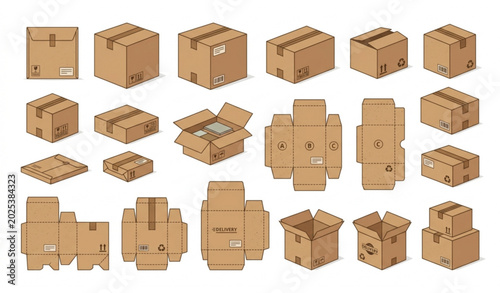 Fotografía Brown packaging box set flat cardboard delivery vector illustration isolated whi