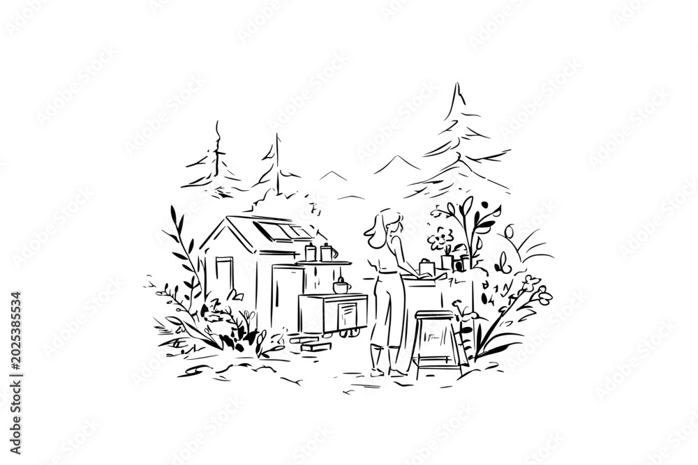 Naklejka premium Minimalist Vector of Sustainable Off-Grid Home Technology