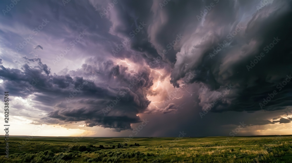 Obraz premium Dramatic Thunderstorm Approaching Over a Grassy Plains Landscape With Lightning Flashes