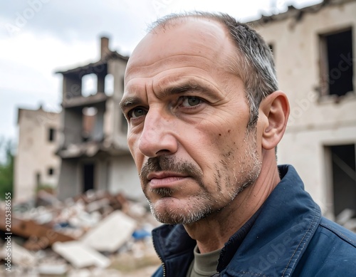 Middle aged man in front of a ruined building with a serious expression