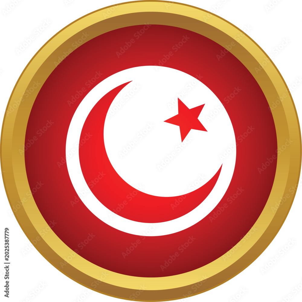 Obraz premium Red circle button displaying islamic star and crescent symbol with gold border