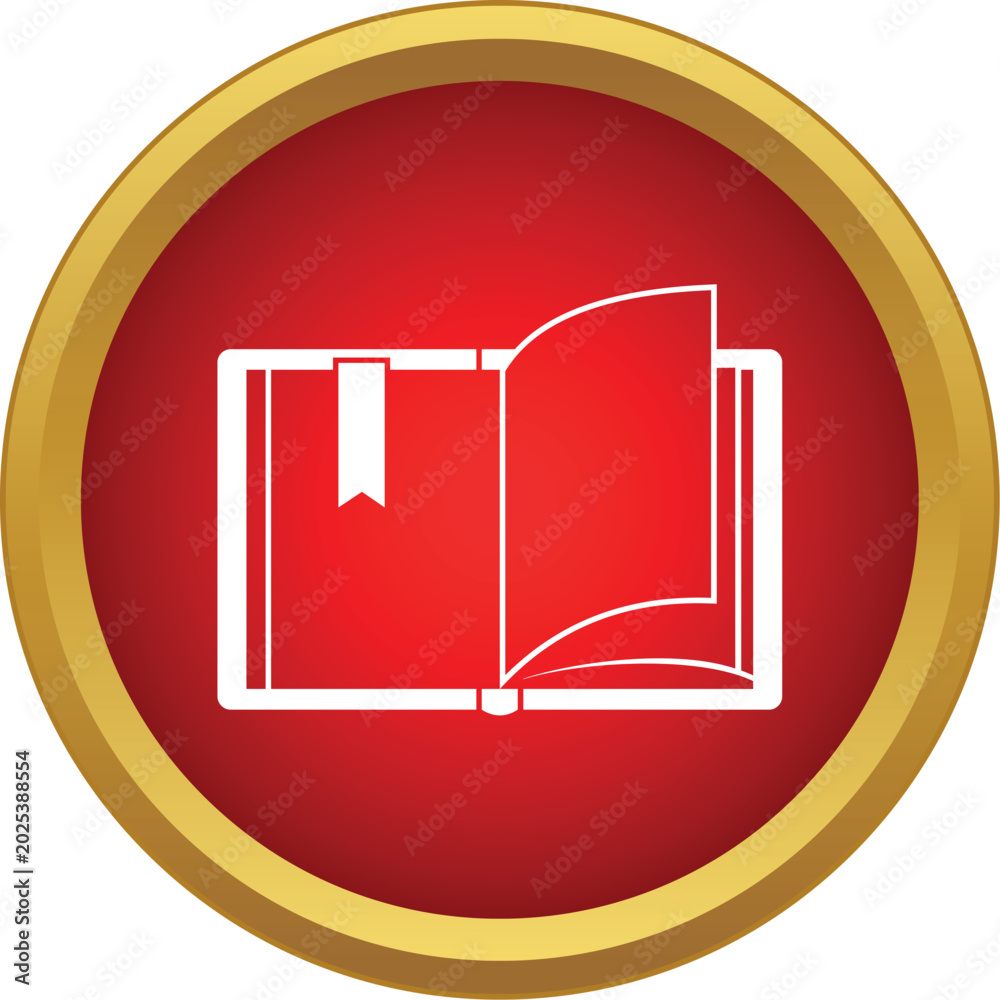 Obraz premium Stylized open book with a bookmark placed inside, set within a red rounded button