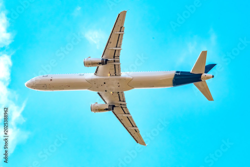 Tableau sur toile Passenger plane in the sky, view from below, closeup