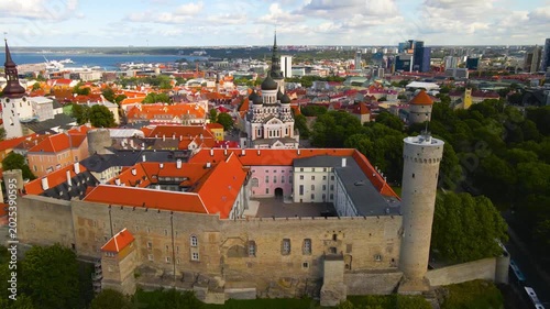 Majestic Aerial View of the Historic Toompea Castle and Old Town in Tallinn, Estonia