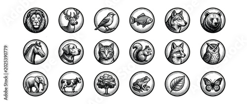 Collection of various animal and nature icons in a detailed vintage woodcut style, featuring diverse wildlife and natural elements
