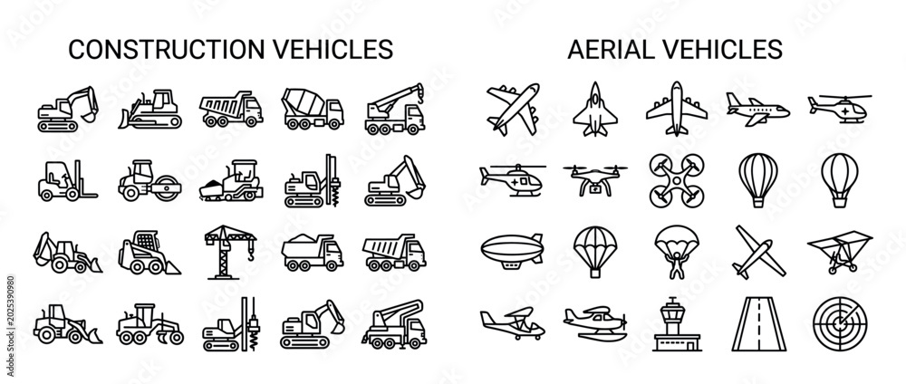 Fototapeta premium Various black line icons representing construction and aerial vehicles, presented in a clean, modern style
