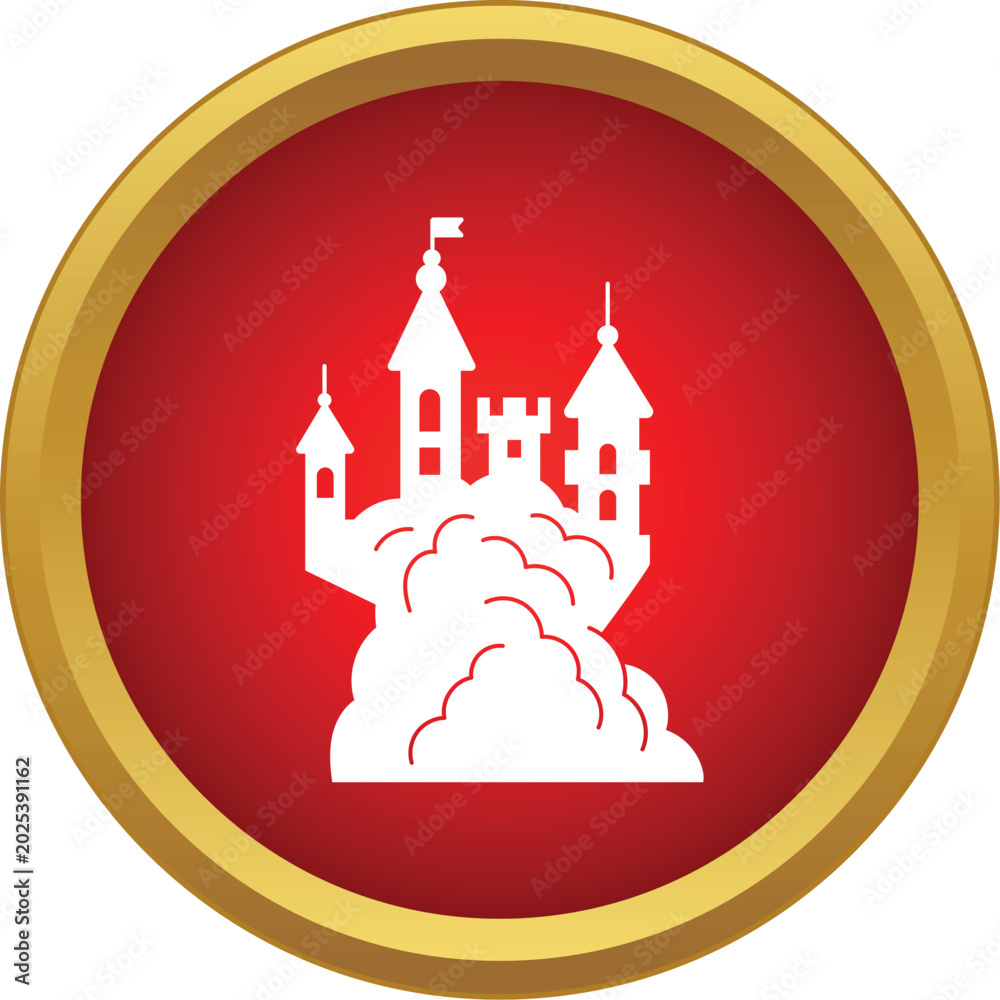 Fototapeta premium White silhouette of a fairytale castle resting on clouds within a red and gold circle