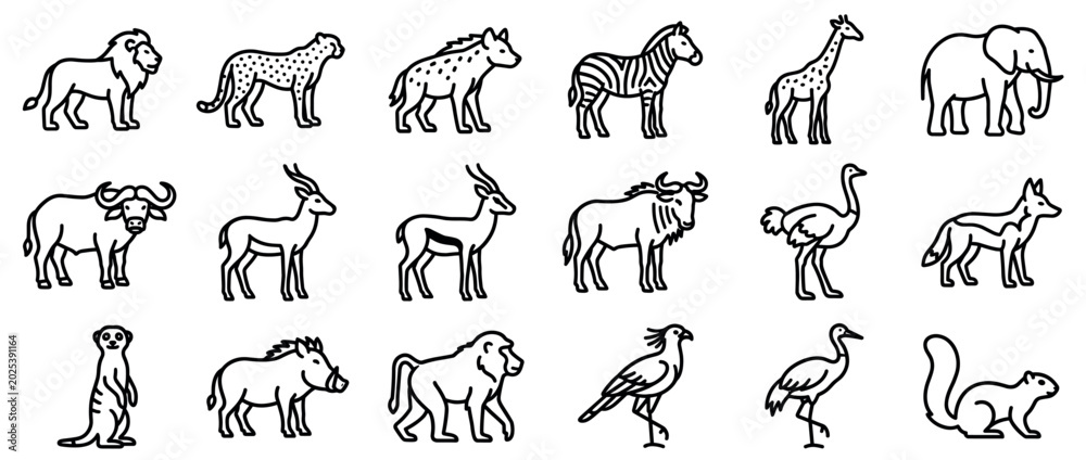 Obraz premium Collection of various African safari animals depicted as simple black outline icons on a clean white field