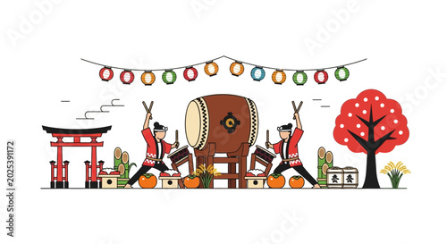 Canvas Print Japanese Festival Taiko Drums and Performers with Torii Gate
